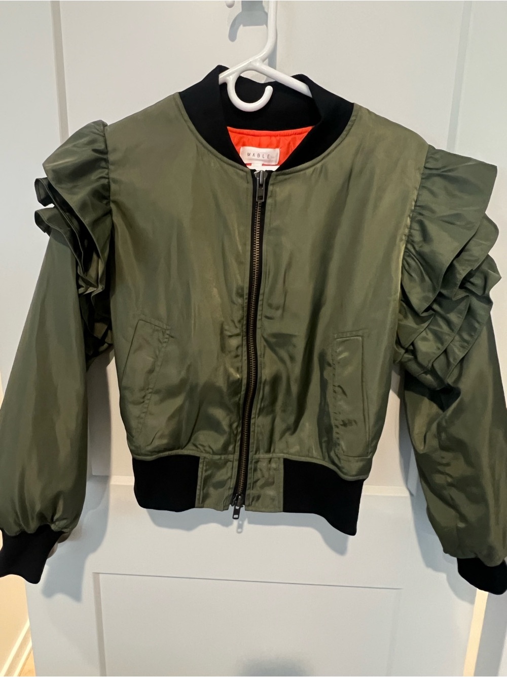 MARBLE Olive Ruffle-Sleeve Bomber Jacket with Black Trim